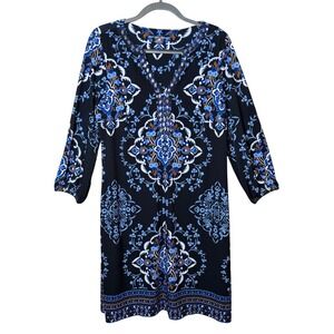 Soft Surroundings Dress Black Blue Floral Medium A-line Midi Vacation Resort